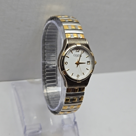 Womens CARAVELLE by BULOVA Date Gold Silver Two Tone Watch Stretch New Battery - Picture 3 of 10